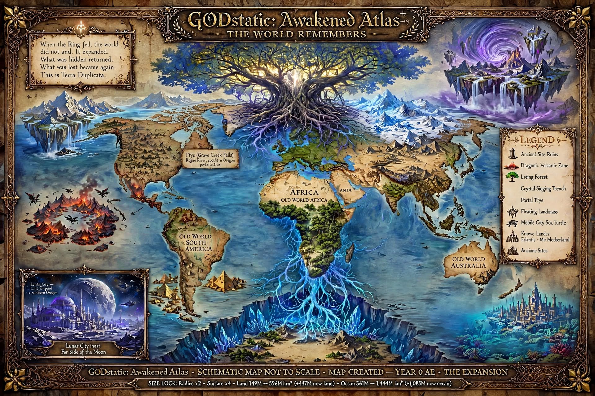 GODstatic: Awakened Atlas — Earth after the Ring falls, expanded, with Etlantis, Mu, Draconia, Yggdrasil, and the returned lands