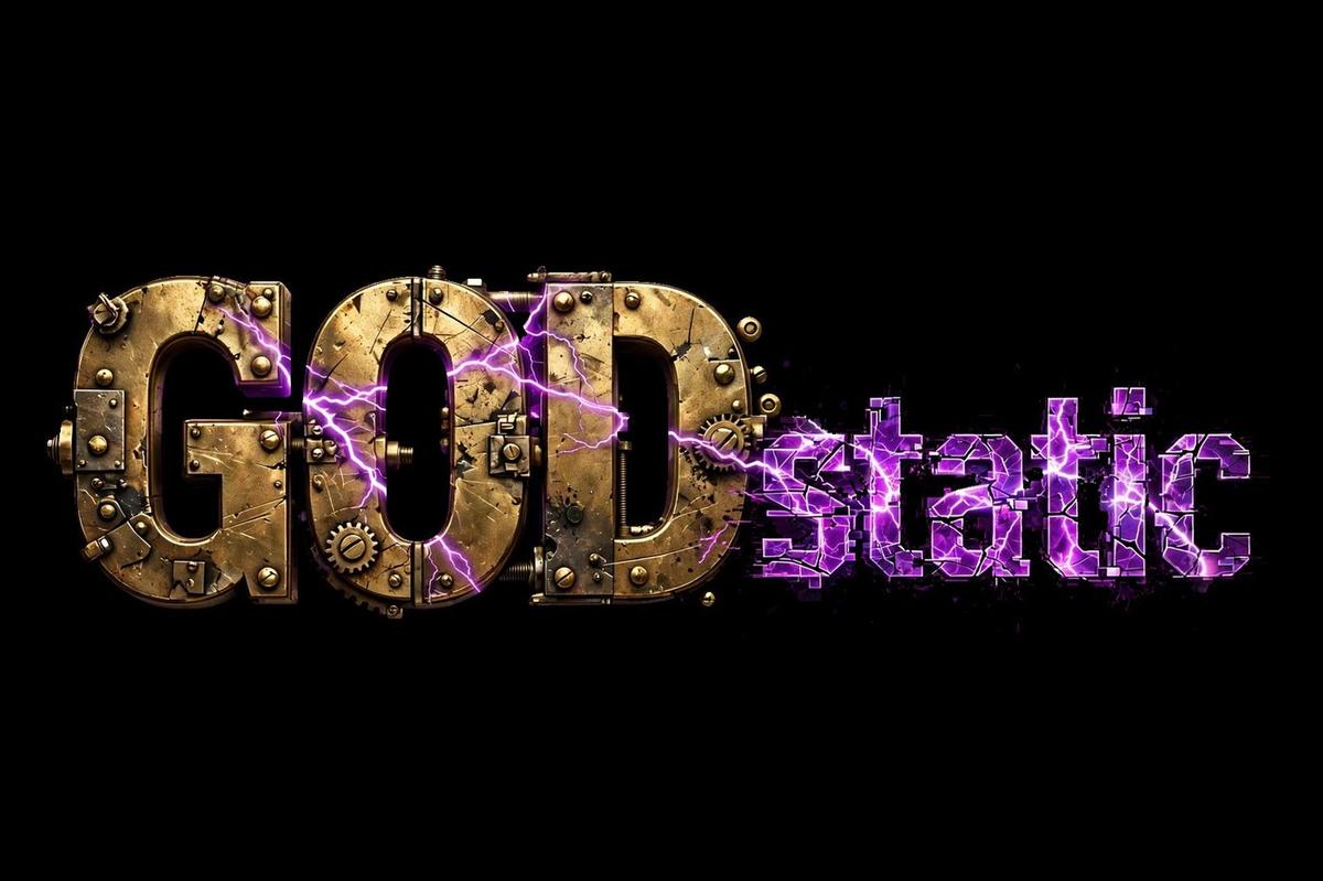 GODstatic logo — gold GOD and purple static