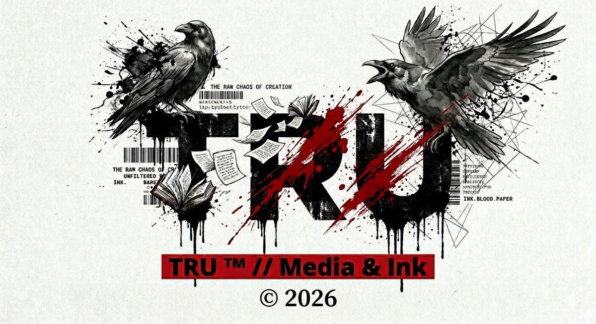 TRU Media & Ink logo — two ravens, white background, copyright 2026